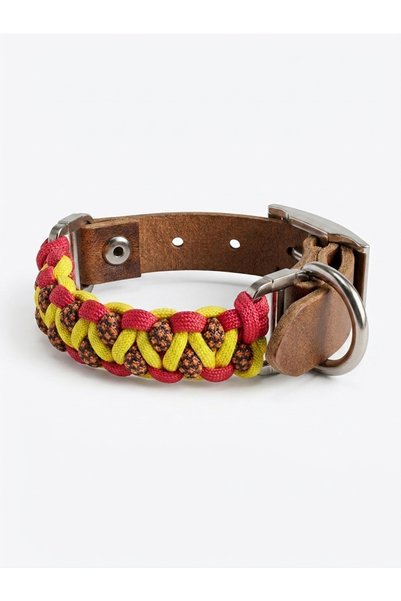 Bakani Leather Handmade Paracord Dog Collar – Genuine Leather, Durable Weave, Metal Buckle
