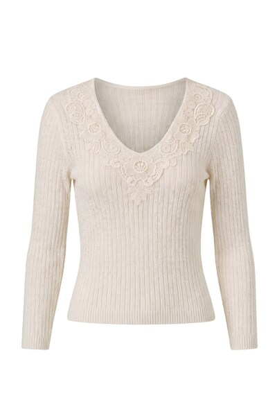Havoş Ecru Guipure Embroidered V-Neck Knitwear
