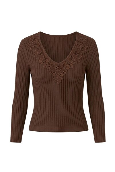 Havoş Brown Guipure Embroidered V-Neck Knitwear