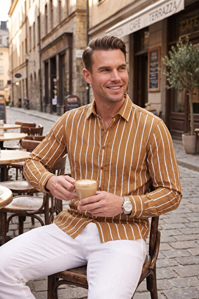 DeepSEA Men's Brown Striped Cotton Wrinkled Textured Summer Shirt Relaxed Fit...