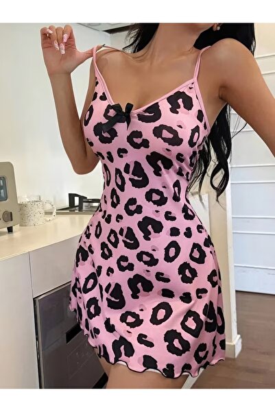 TENİN Kadın Pembe Leopar Desenli Fiyonk Detaylı Gecelik