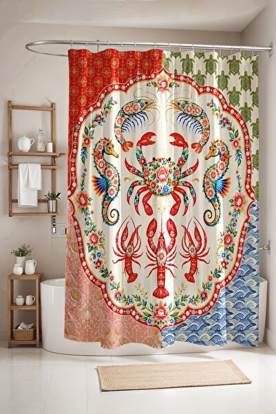 EVPANYA Bathroom Curtain, Crab and Shrimp Patterned Shower Curtain, Bathtub C...