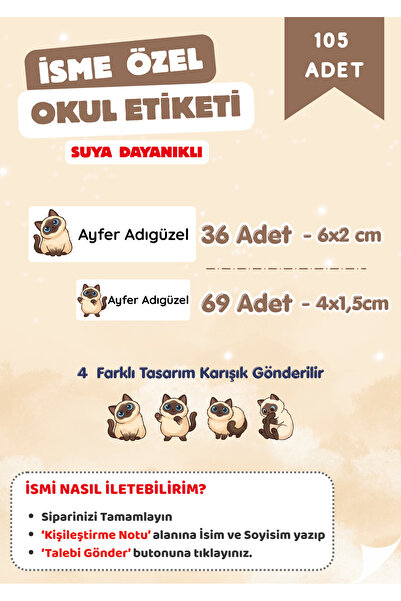 105’li Sevimli Kedi Temalı Kişiye Özel Okul Etiketi / Sticker