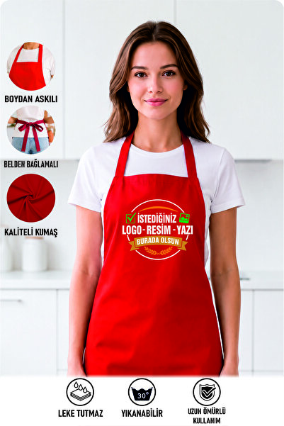AFMAT Atölye Kişiye Özel Baskılı Kırmızı Mutfak Önlüğü | Logo, İsim, Yazı ve ...