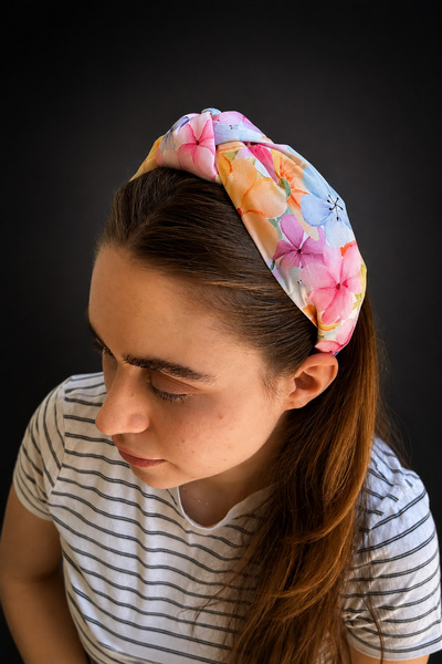ByMerve Women's Pink Floral Patterned Knotted Satin Hair Crown Wide Summer Style
