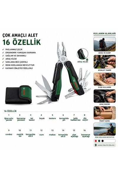 TuğraÇelik Bosch 1600A02Z98 Çok Amaçlı Pense Seti - Çantalı, 16 Farklı Kullan...
