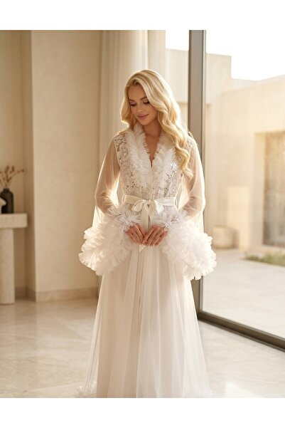 big mama Luxurious Lace Chiffon Bridal Dressing Gown |   Flounced Sleeves |  ...