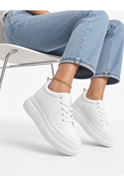 McDark Kadın Gizli Topuk Yüksek Taban Sneaker Ayakkabı-BEYAZ