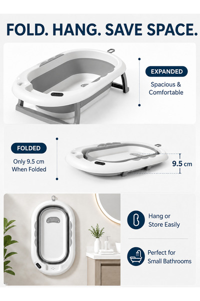 ESLTECNO Foldable Baby Bathtub with Smart Temperature Display, Portable Infant Bath Tub with Floating Cushion, Anti-Slip Support Legs, Whale Shampoo Cup & Storage Slot.