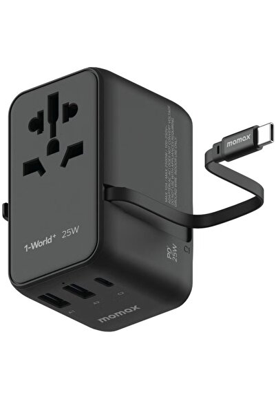 Momax UA20 1-World 25W GaN 3-Port Travel Adapter with Retractable USB-C Cable