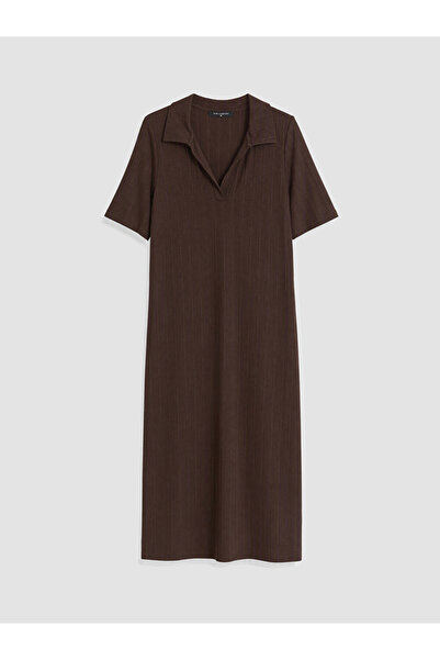 LC Waikiki Brown Polo Collar Slit Ribbed Dress