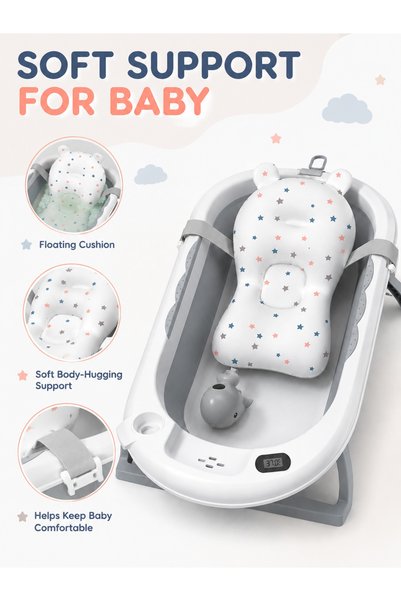 ESLTECNO Foldable Baby Bathtub with Smart Temperature Display, Portable Infant Bath Tub with Floating Cushion, Anti-Slip Support Legs, Whale Shampoo Cup & Storage Slot.