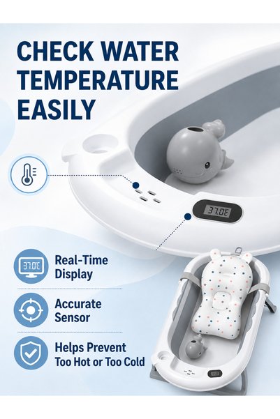 ESLTECNO Foldable Baby Bathtub with Smart Temperature Display, Portable Infant Bath Tub with Floating Cushion, Anti-Slip Support Legs, Whale Shampoo Cup & Storage Slot.