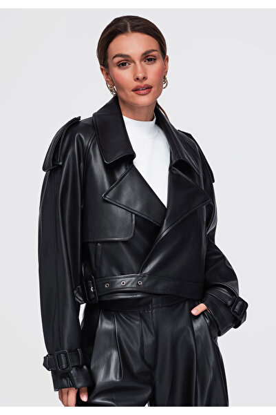 OMBRE Jachetă bomber de damă, croială scurtă cu rever larg OW-JANP-0143 Negru