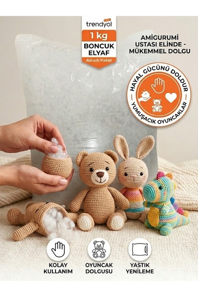 1 kg Boncuk Elyaf Astarlı Paket - Amigurumi Oyuncak, Kırlent ve Yastık Dolgu Elyafı High Bulk