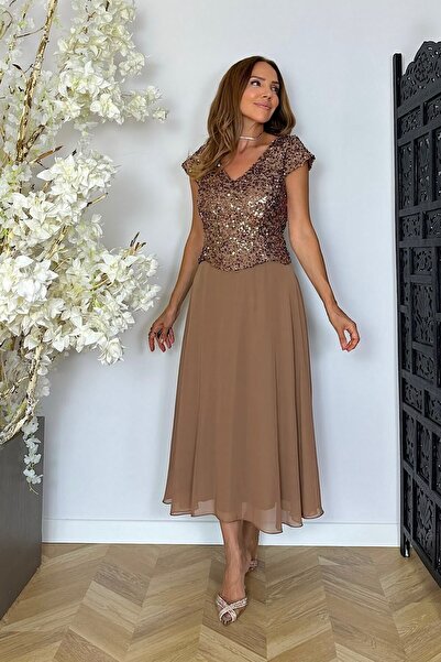 gesmoda G1946 Payet ve Şifon Detaylı Elbise Bronz