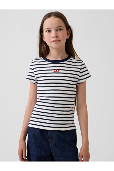 GAP Kız Çocuk Kırık Beyaz İşlemeli Fitilli T-Shirt