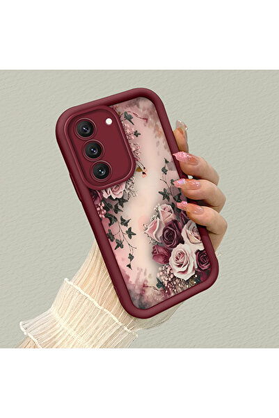 SLIMFELT Samsung Galaxy S22 Uyumlu Şık bordo çerçeve romantik çiçek motif gün...