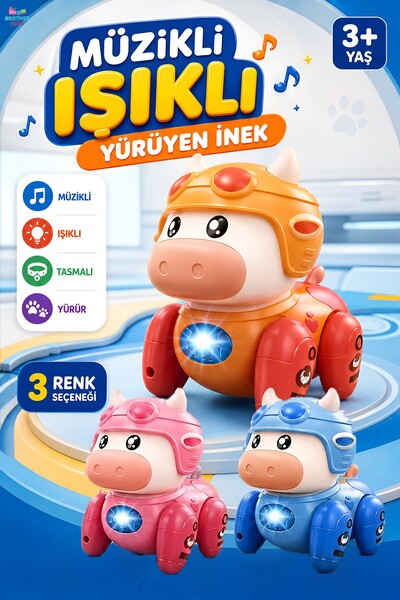 Brother Toys Disko Işıklı Yürüyen İnek Oyuncak İpli Müzikli Emekleme ve Yürüm...