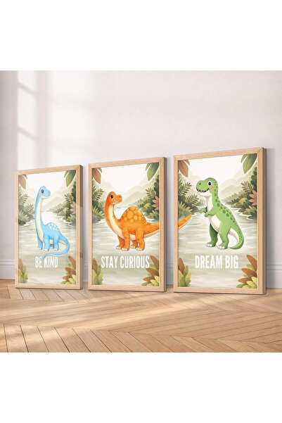 ALAYRA International Signtouch Dino Safari Nursery Wall Art 3-Piece Natural W...