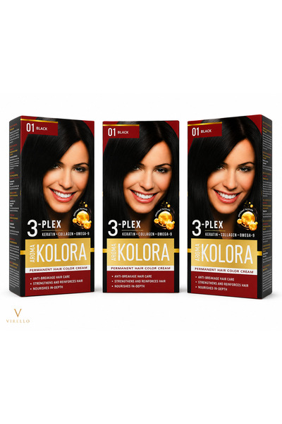 Aroma Set 3 Vopsele de Păr Permanente Kolora 3-Plex, 01 Black – Negru