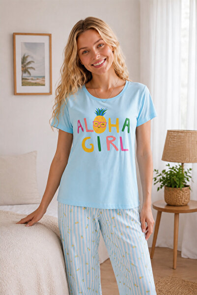 NBB Mavi Pineapple Bisiklet Yaka Pijama Takımı