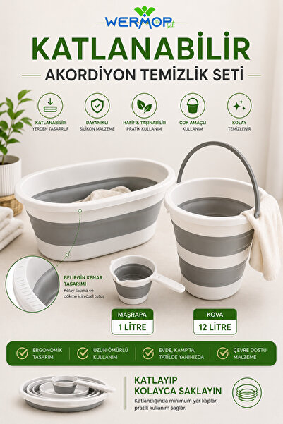 SAFİR 3'lü Katlanabilir Temizlik Seti Çamaşır Sepeti Akordiyon Su Kovası Maşr...