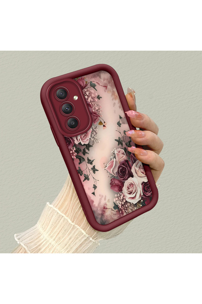 SLIMFELT Samsung Galaxy A34 Uyumlu Şık bordo çerçeve romantik çiçek motif gün...