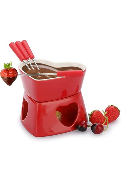 TERRIFI 320ml Heart Shape Ceramic Chocolate Fondue Set with 4 Red Spoons, But...