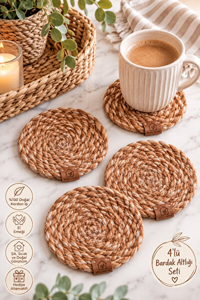 Efuliz Home Wicker Jute 4-Piece Coasters 12 cm Tea Cup Mug Candle Coasters Set of 4 Decorative Coasters Set