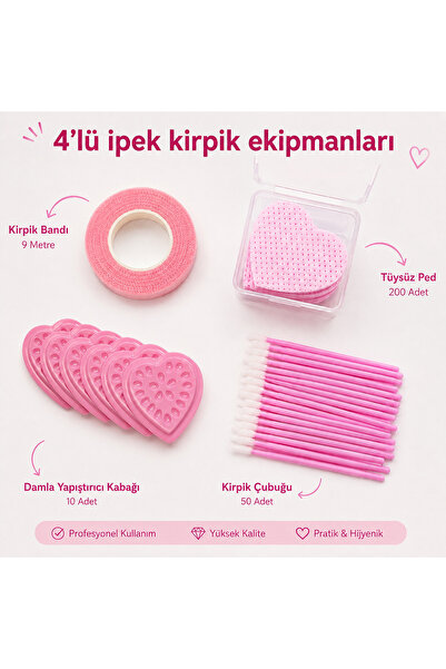 Genel Markalar 4’lü İpek Kirpik Ekipman Seti – Kirpik Bandı, Tüysüz Ped, Daml...