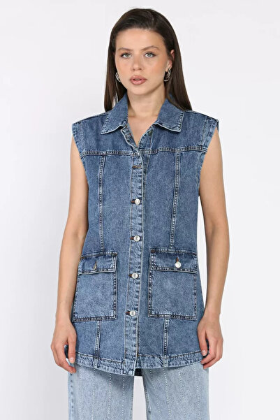 TOZLU Vestă de blugi cu buzunare duble pentru femei