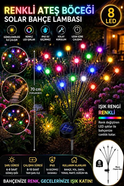 NEBİL HOME Solar Bahçe Lambası 8 LED Renkli Ateş Böceği Işık IP65 Su Geçirmez 75 cm