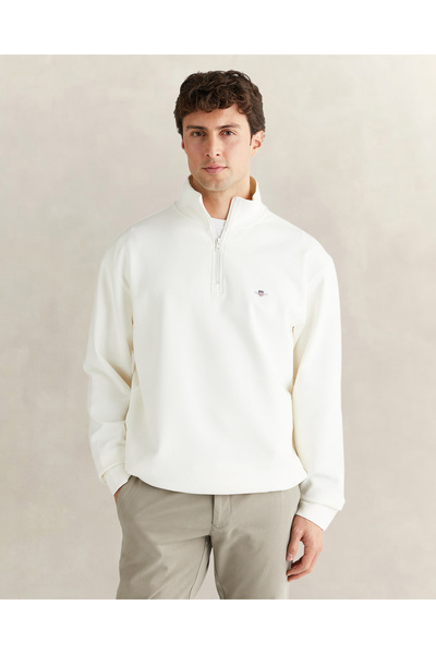 Gant Erkek Beyaz Relaxed Fit Yarım Fermuarlı Sweatshirt