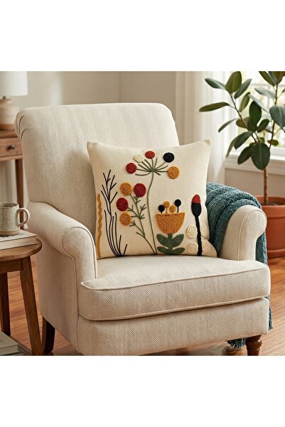 Bright Home Digital Baskılı Punch Nakış Görünümlü Çiçekli Dekoratif Kırlent K...