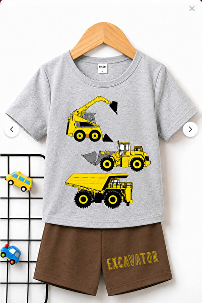 beeton Excavator Baskılı Gri T-Shirt- Kahverengi Şort Takım - Çocuk Yazlık Sı...