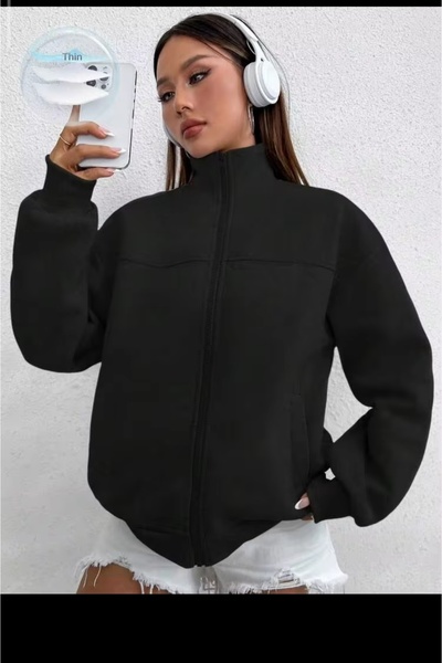 sayina Unisex Black Basic Zippered Comfortable Fit Soft Cardigan Sweatshirt