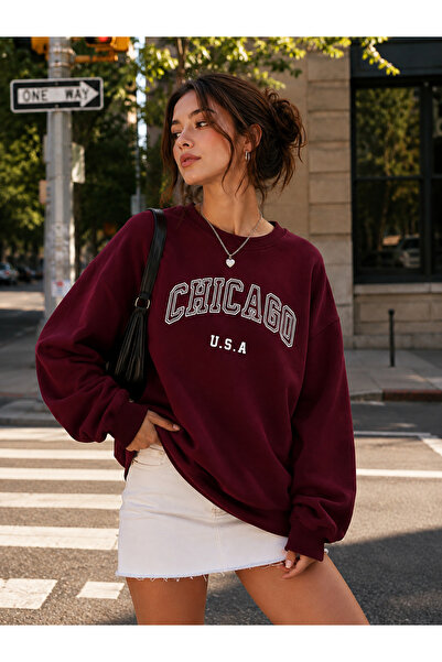 ZAVIXO Unisex Chicago U.S.A Printed Oversize Crew Neck College Style Casual S...