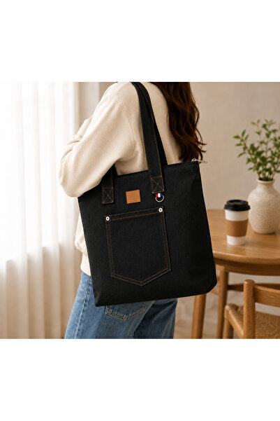 Kadın Siyah Kot Omuz Çantası Fermuarlı Cepli %100 Pamuk Denim Tote Çanta
