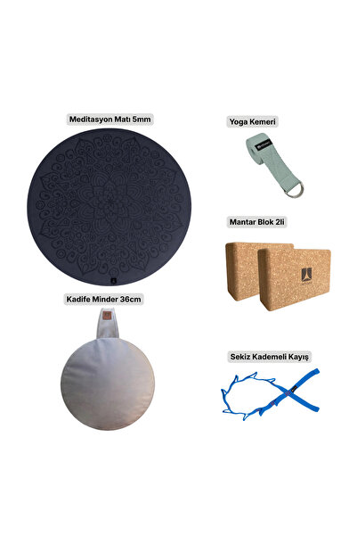 Rebuwo Meditasyon ve Yoga Destek Seti Mor - Mat 85cm + Kadife Minder + Yoga Kemeri + Mantar Blok 2li + Kademeli Germe Kayış