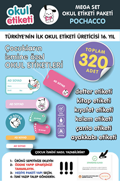 OKUL ETİKETİ BASKI MEGA POCHACCO TEMALI PAKET İSME ÖZEL OKUL ETİKETİ / STICKE...
