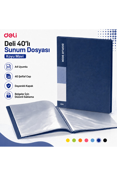 Deli A4 40'lı Sunum Dosyası 40 Şeffaf Cepli Display Book Evrak Belge ve Proje...