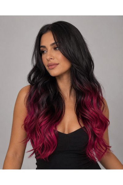 Eva Peruk Siyah-Kızıl Ombre Fiber Sentetik Yarım Ay Set 2 Yan + 1 Yarım Ay Set