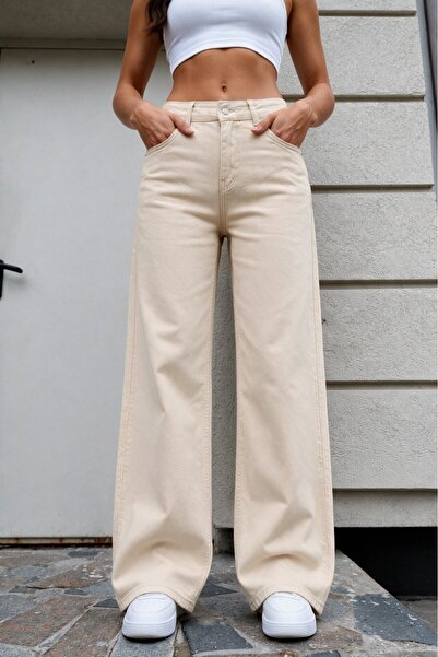 BİKELİFE Women's Beige Wide Leg High Waist Jeans