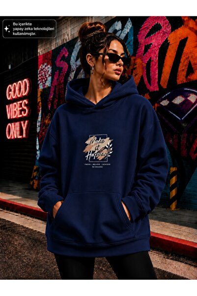EMMODA Women's Typographic Make It Happen Graphic Printed Hooded Kangaroo Poc...