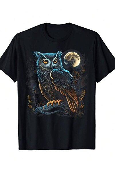 k222 Plus Size, Moon Owl Pattern Street Fashion Style Women'S T-Shirt, Comfor...
