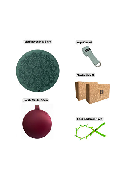 Rebuwo Meditasyon ve Yoga Destek Seti Yeşil - Mat 60cm + Kadife Minder + Yoga Kemeri + Mantar Blok 2li + Kademeli Germe Kayış