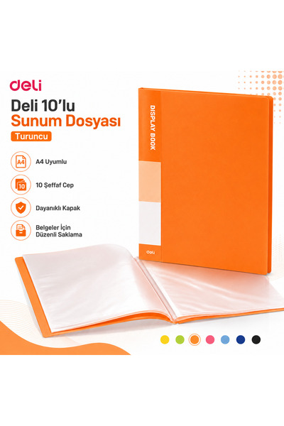 Deli A4 10'lu Sunum Dosyası 10 Şeffaf Cepli Display Book Evrak ve Belge Dosyası