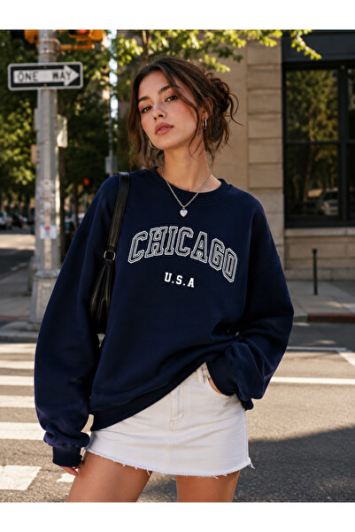 ZAVIXO Unisex Chicago U.S.A. Φούτερ με στάμπα Oversize Crew Neck σε κολεγιακό...