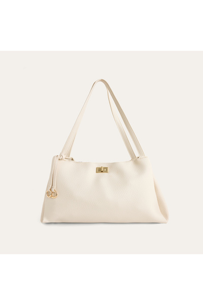 Mudo Women's Ecru Leather Look Handbag with Lock Detail